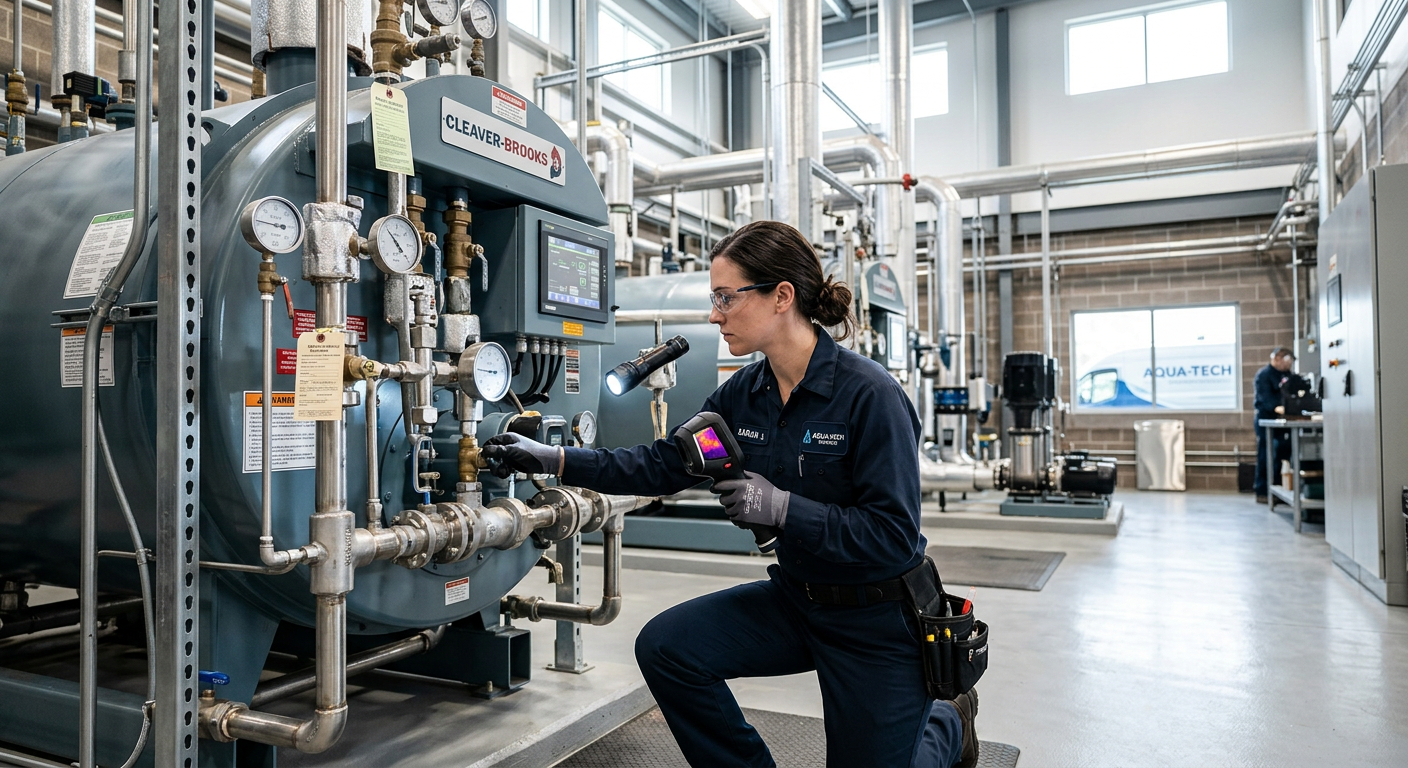 Page Boiler technician inspecting industrial boiler
